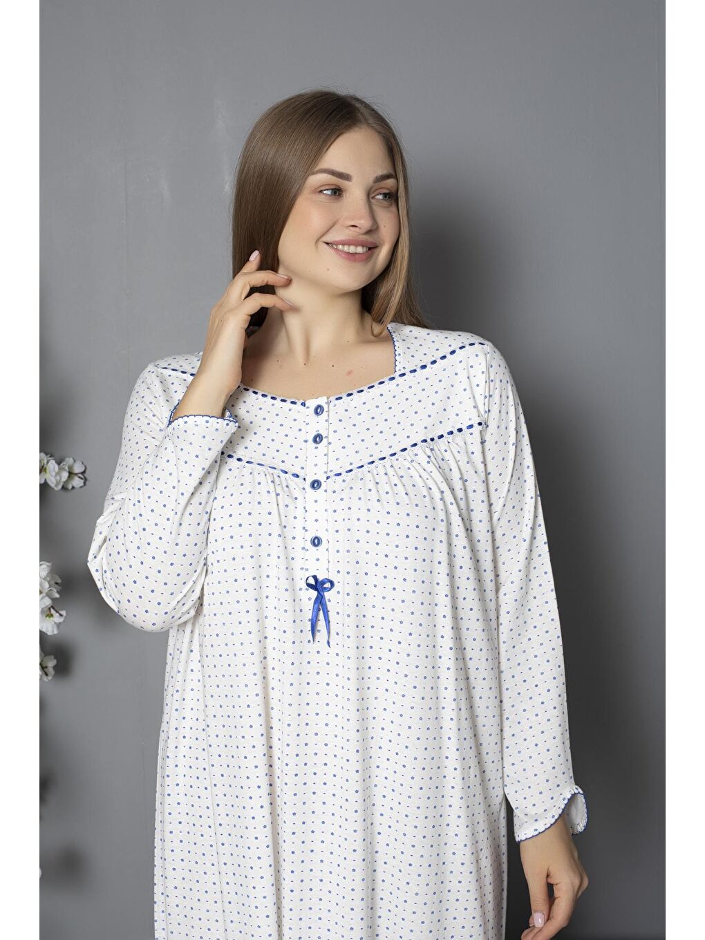 Mavi %100 Pamuklu Mevsimlik Penye Uzun Kollu Büyük Beden Anne Geceliği 1330-3