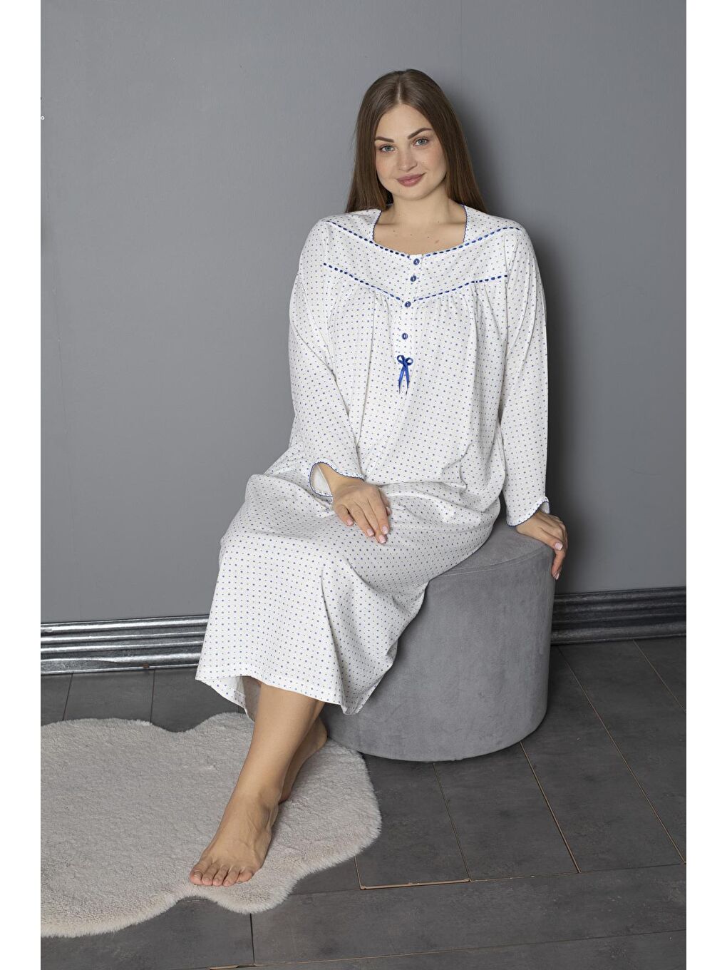 Mavi %100 Pamuklu Mevsimlik Penye Uzun Kollu Büyük Beden Anne Geceliği 1330-4