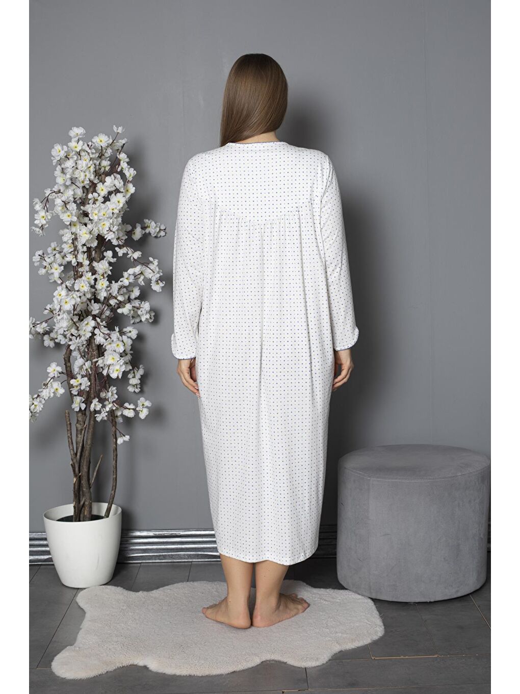 Mavi %100 Pamuklu Mevsimlik Penye Uzun Kollu Büyük Beden Anne Geceliği 1330-5