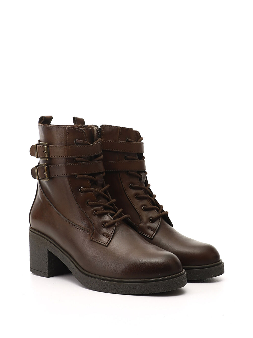 Kahverengi Kadın TÜTÜN KAHVE Fermuarlı Kalın Topuklu Hakiki Deri Postal Bot-1