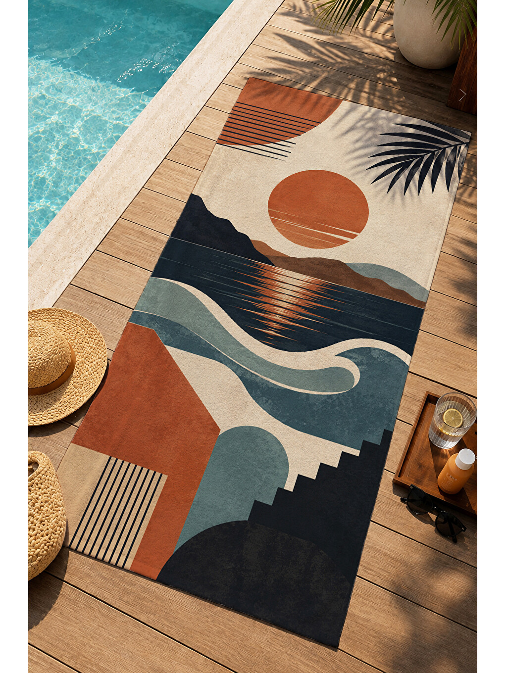 Turuncu Modern Akşam Işığı Dağ Ve Dalga Geometrik Desenli 70x150 Plaj Havlusu - Pamuklu Banyo Havlusu