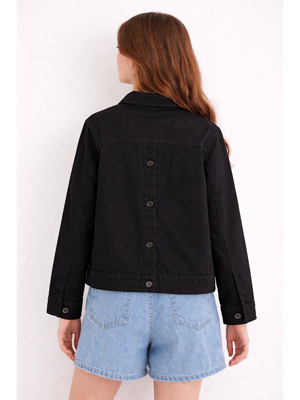 Siyah Sırtı Düğme Detaylı Kız Çocuk Gabardin Kumaş Ceket 23568-3