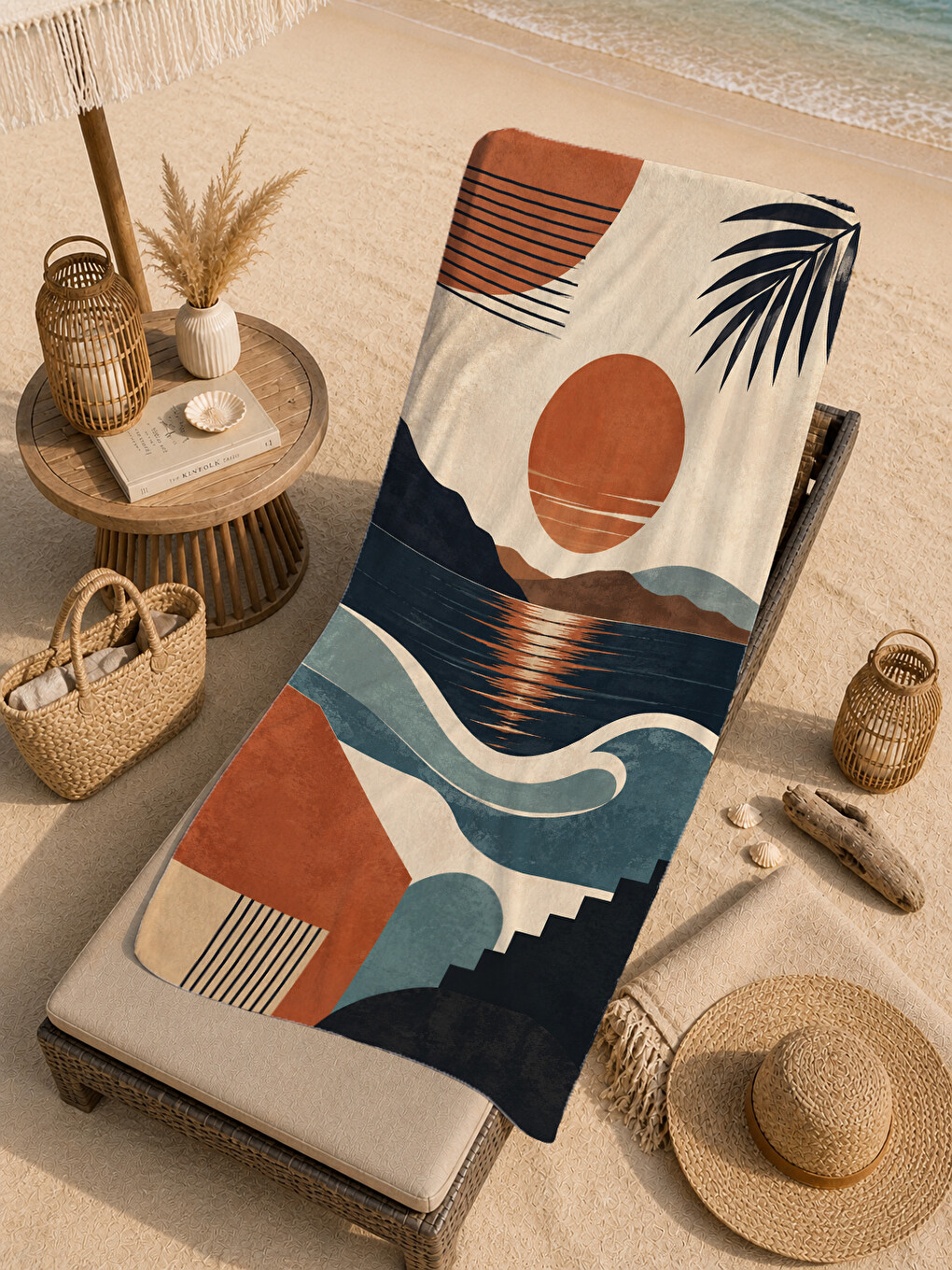 Turuncu Modern Akşam Işığı Dağ Ve Dalga Geometrik Desenli 70x150 Plaj Havlusu - Pamuklu Banyo Havlusu-1