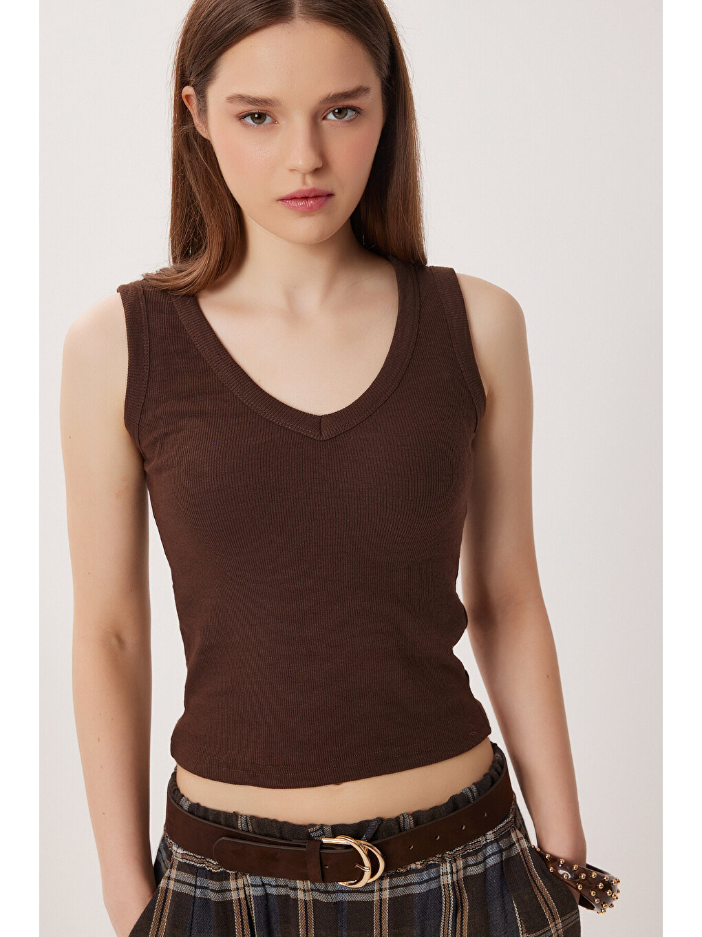 Kahverengi V Yaka Basic Fitilli Örme Bluz KAHVERENGİ LRN0029-1