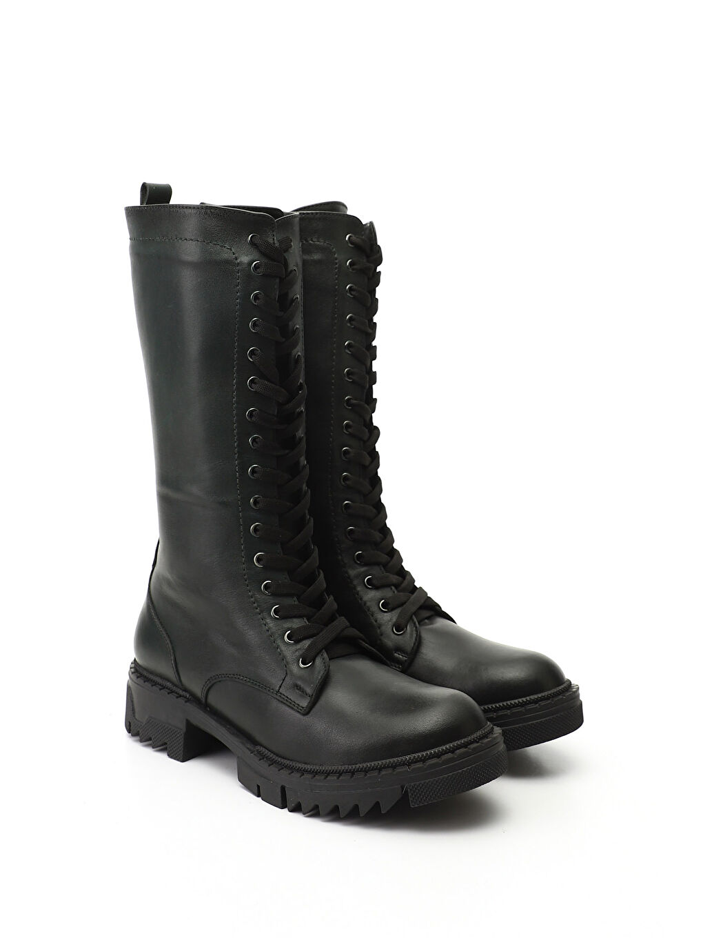 Kadın KOYU HAKİ Fermuarlı Kalın Topuklu Hakiki Deri Postal Çizme-1