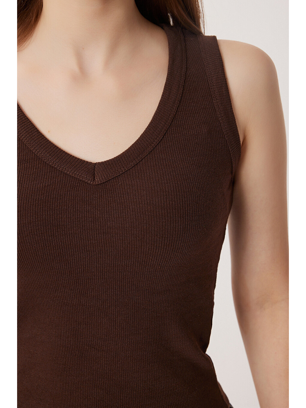 Kahverengi V Yaka Basic Fitilli Örme Bluz KAHVERENGİ LRN0029-3