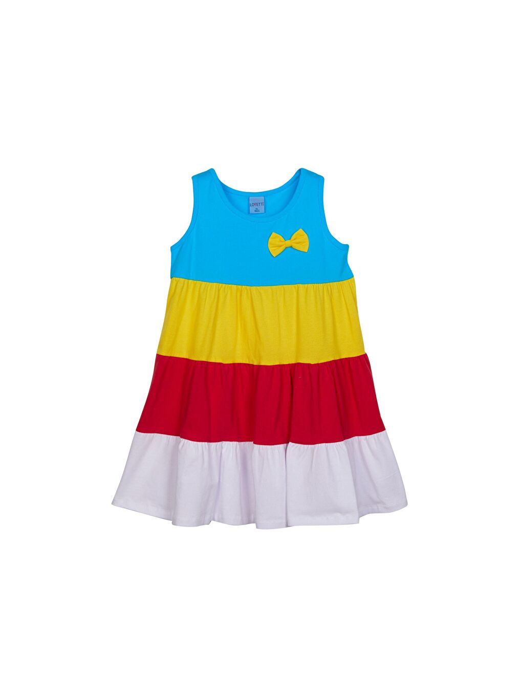 Koyu Turkuaz + Beyaz Kız Çocuk Renkli Büzgülü Askılı Elbise