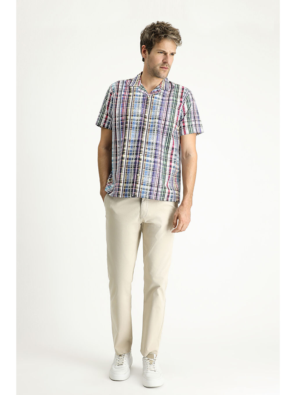 Yeşil Kısa Kol Regular Fıt Desenli Pamuk Gömlek-1