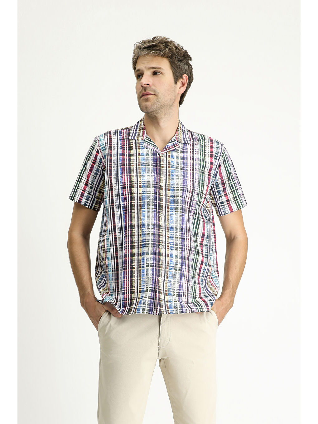 Yeşil Kısa Kol Regular Fıt Desenli Pamuk Gömlek-2