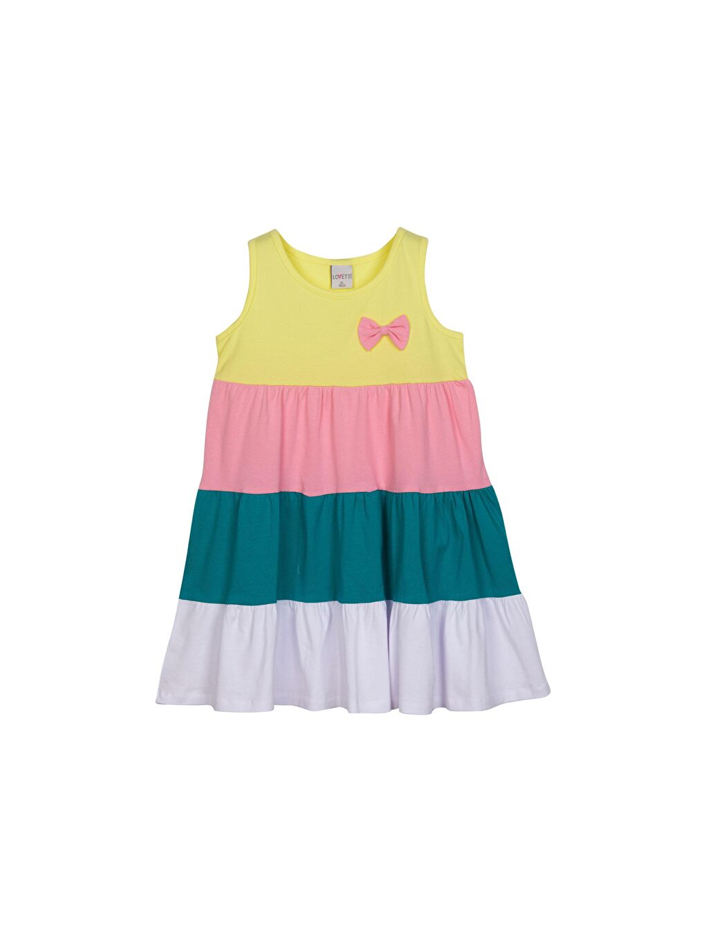 Açık Sarı + Beyaz Kız Çocuk Renkli Büzgülü Askılı Elbise