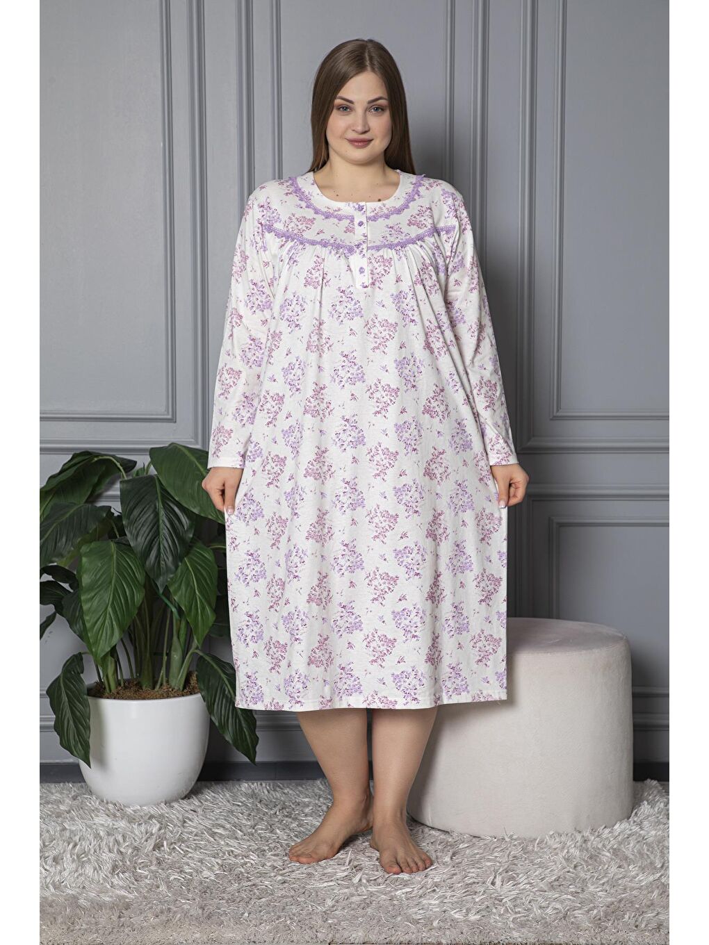 Lila %100 Pamuklu Mevsimlik Uzun Kol Penye Büyük Beden Anne Gecelik 1503