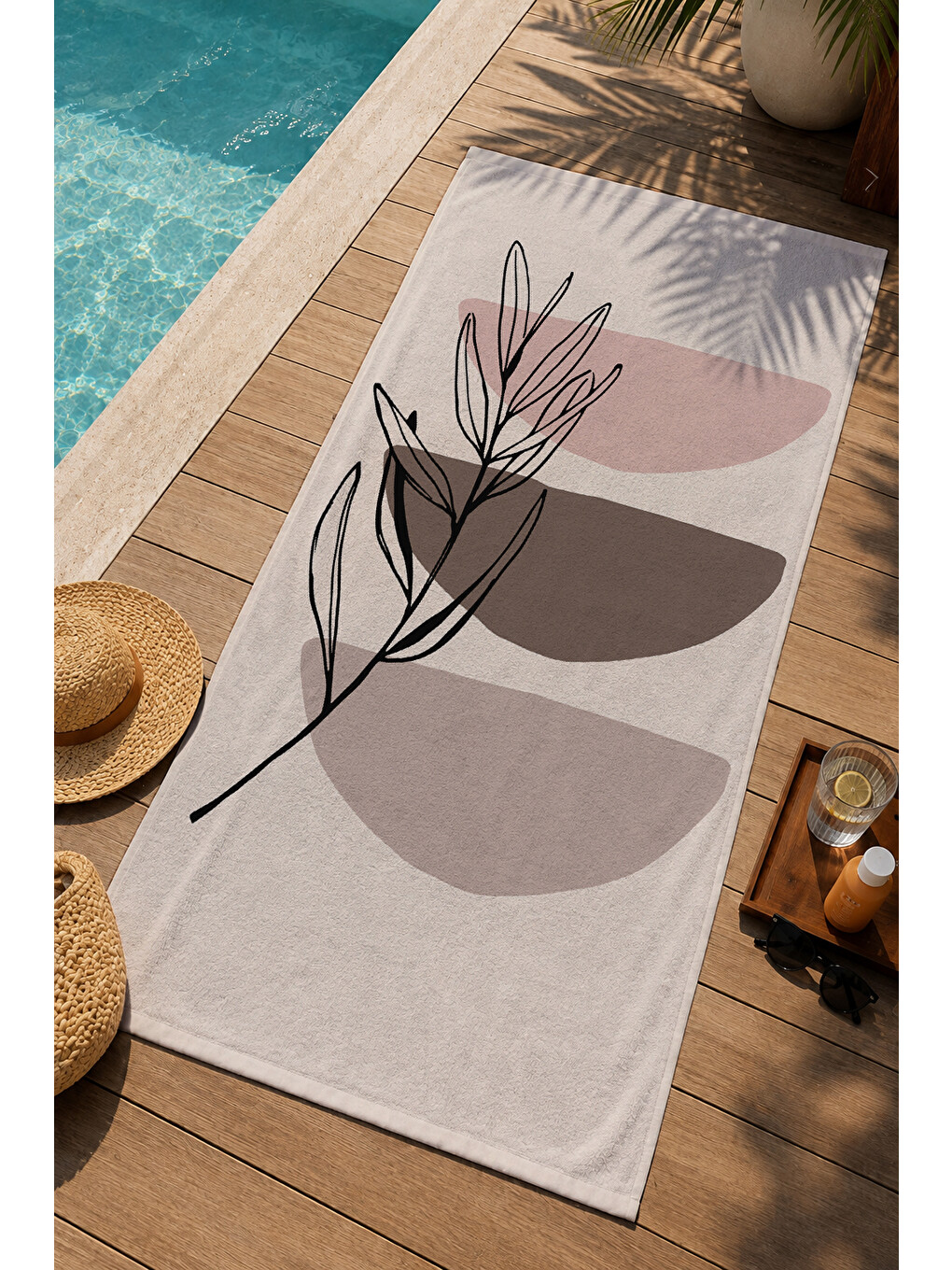 Minimalist Siyah Çizgisel Dal Ve Bej Pembe Soyut Blok Desenli 70x150 Plaj Havlusu Dijital Baskılı-2
