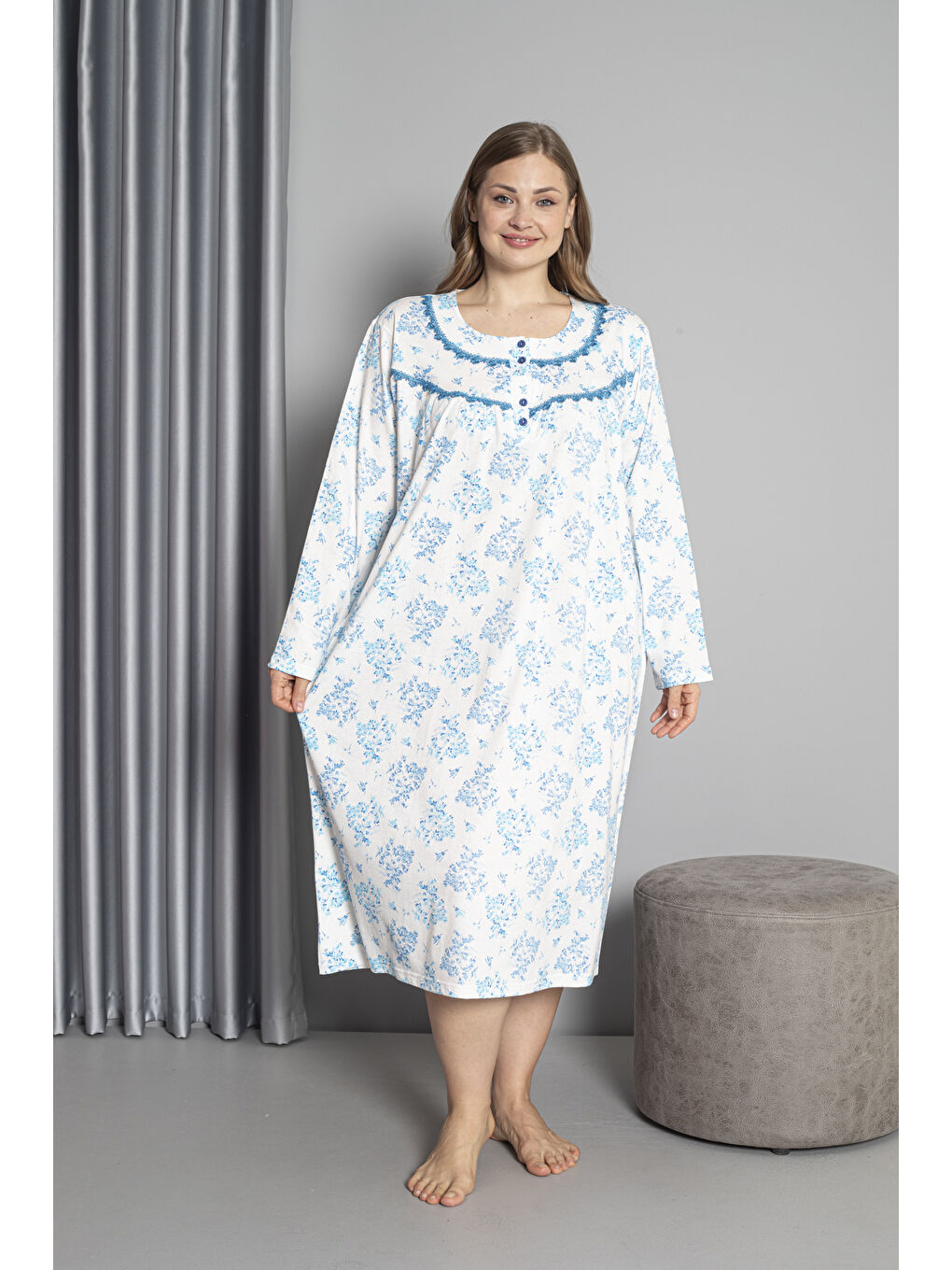 Mavi %100 Pamuklu Mevsimlik Uzun Kol Penye Büyük Beden Anne Gecelik 1503-1