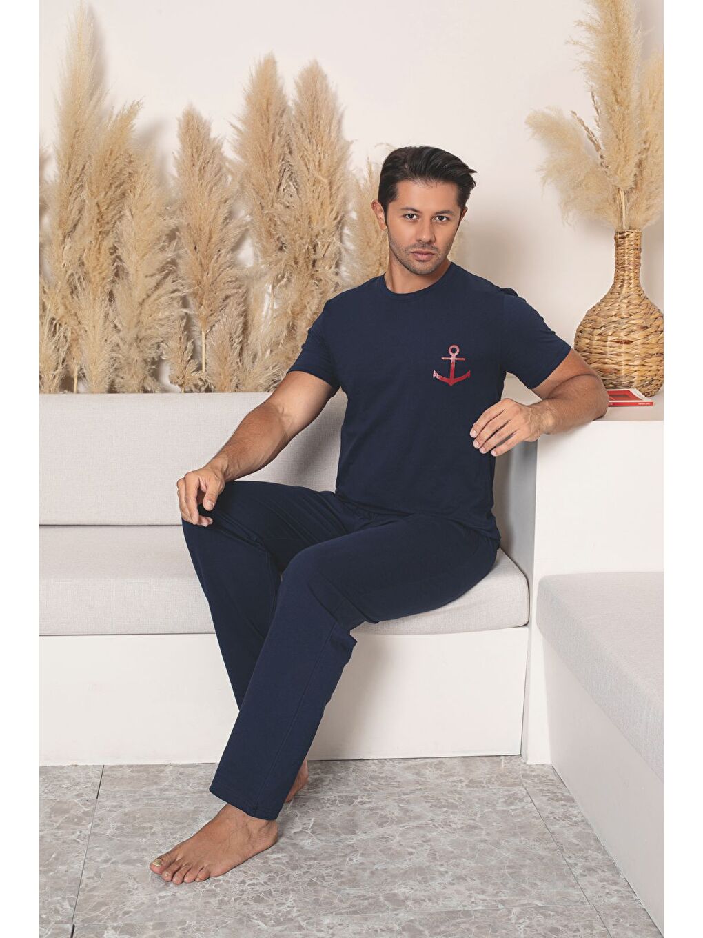 Lacivert Erkek %100 Pamuk Kısa Kollu Kaliteli Rahat Pijama Takımı-2