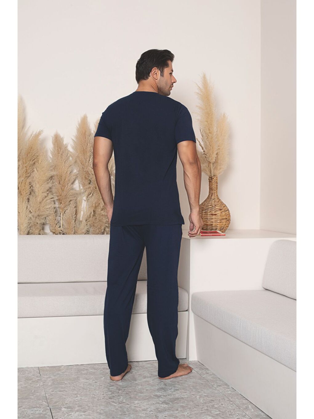 Lacivert Erkek %100 Pamuk Kısa Kollu Kaliteli Rahat Pijama Takımı-3