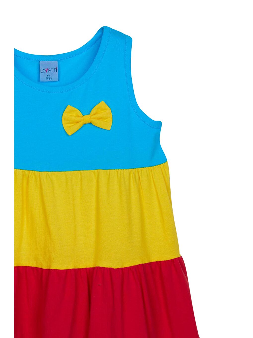 Koyu Turkuaz + Beyaz Kız Çocuk Renkli Büzgülü Askılı Elbise-1