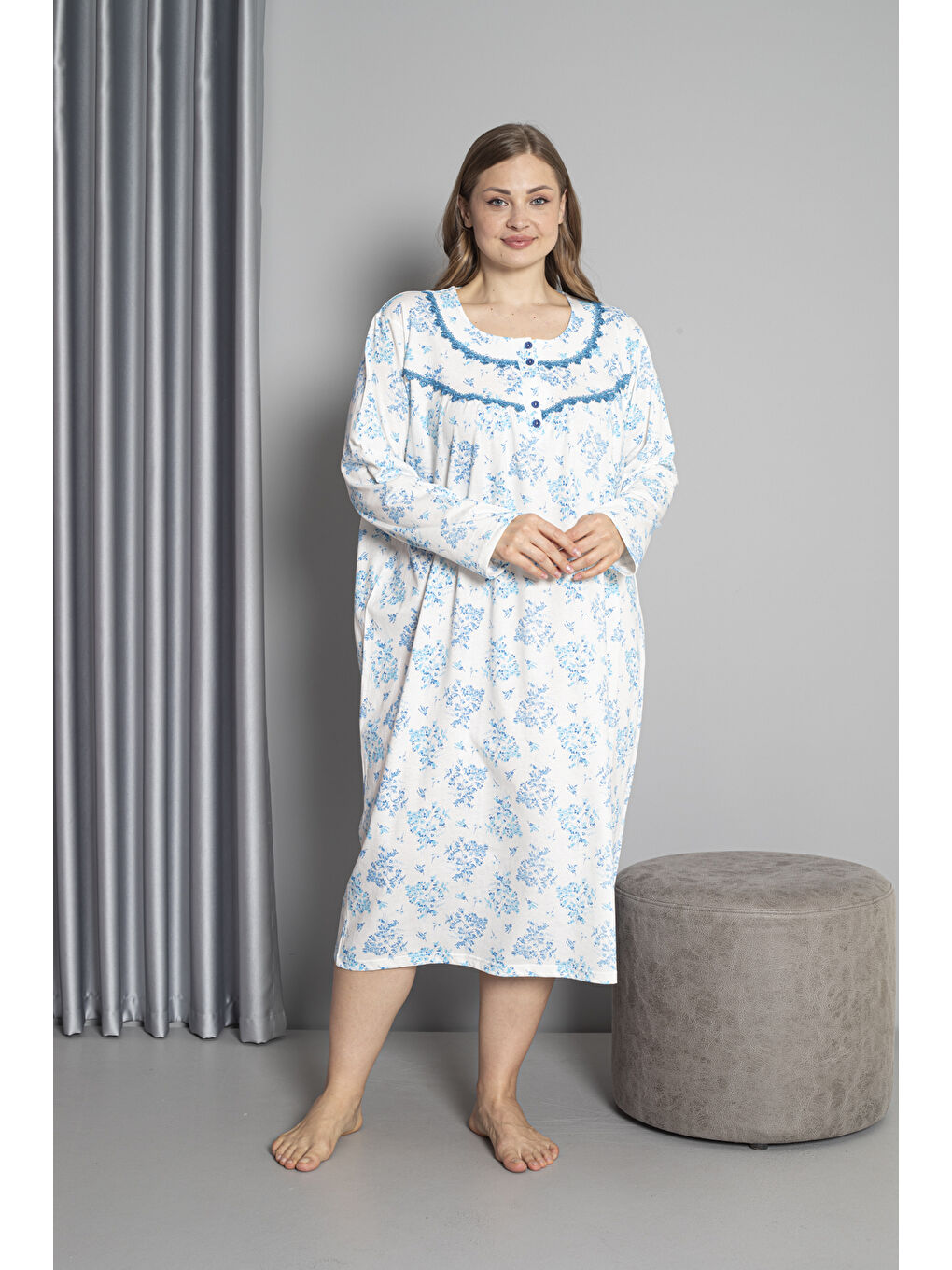 Mavi %100 Pamuklu Mevsimlik Uzun Kol Penye Büyük Beden Anne Gecelik 1503-2