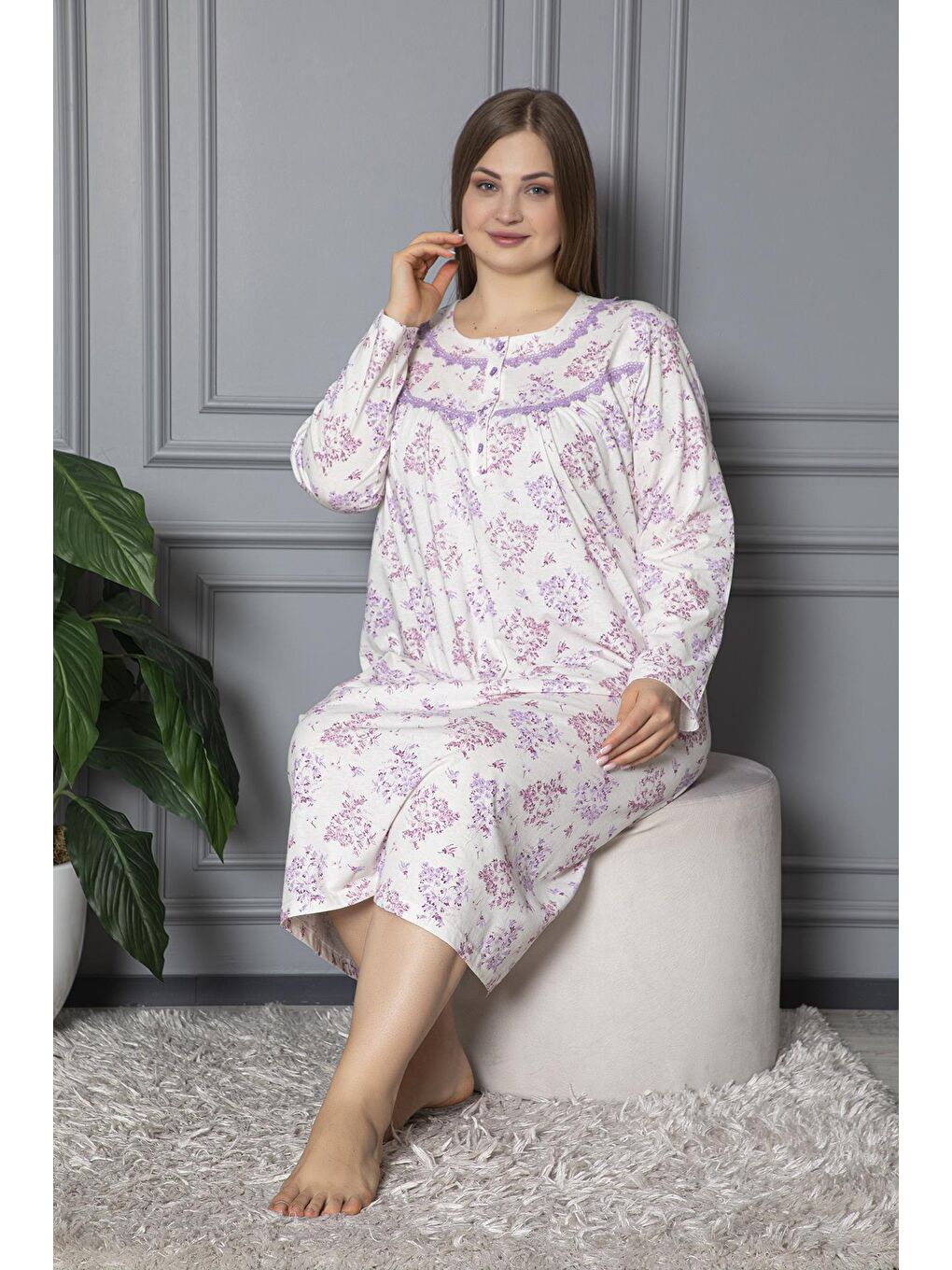 Lila %100 Pamuklu Mevsimlik Uzun Kol Penye Büyük Beden Anne Gecelik 1503-1
