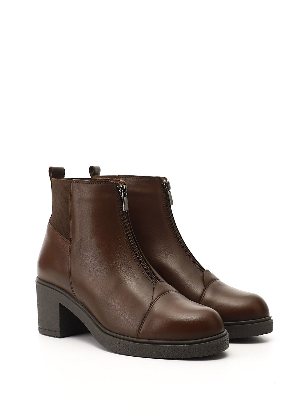 Kahverengi Kadın TÜTÜN KAHVE Fermuarlı Kalın Topuklu Hakiki Deri Bot-1