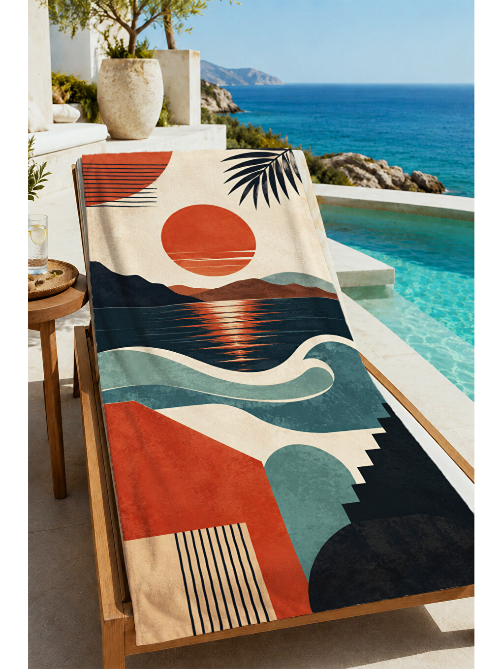 Turuncu Modern Akşam Işığı Dağ Ve Dalga Geometrik Desenli 70x150 Plaj Havlusu - Pamuklu Banyo Havlusu-3