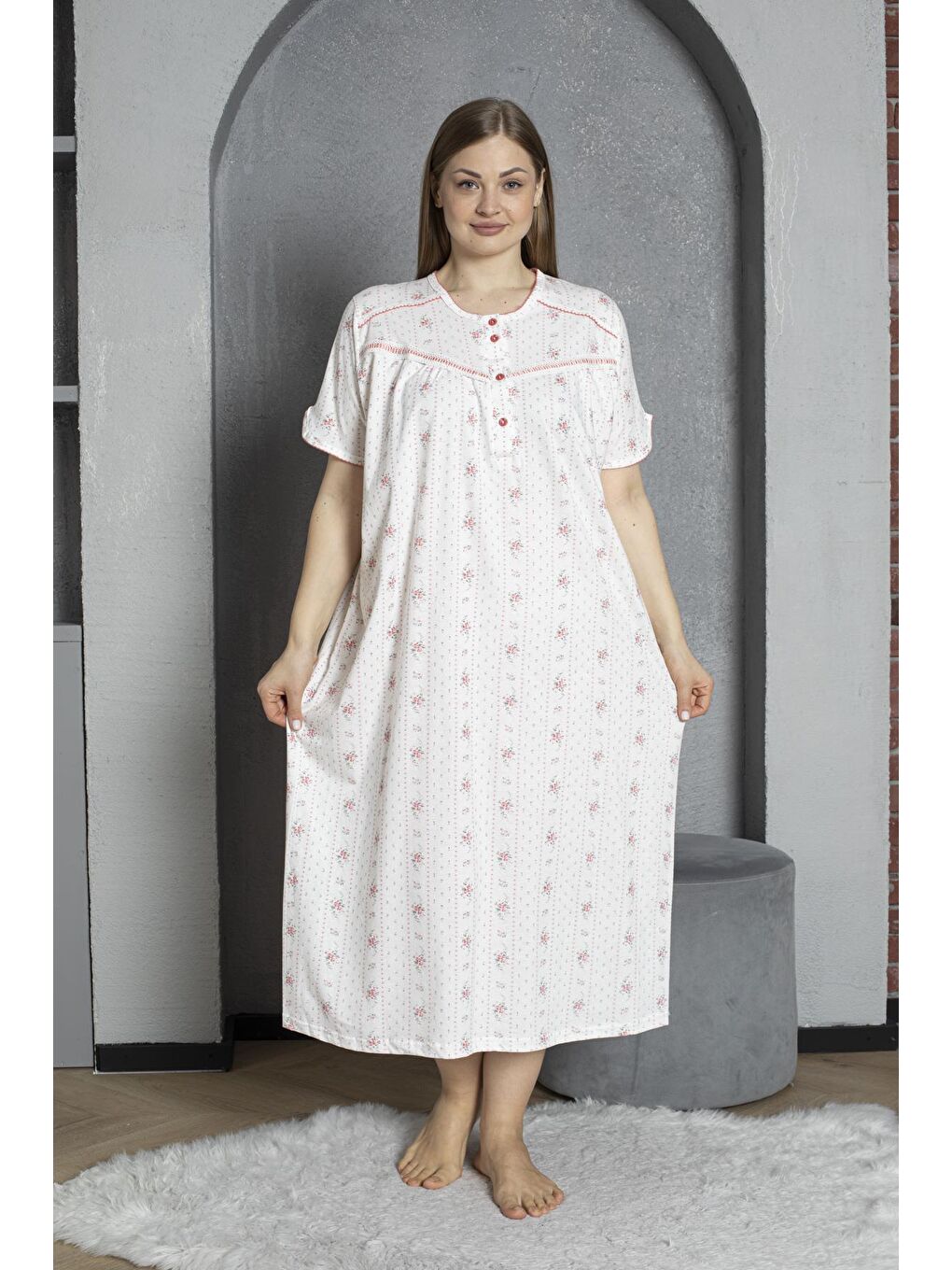 Kırmızı %100 Pamuklu Penye Kısa Kollu Büyük Beden Anne Geceliği 140