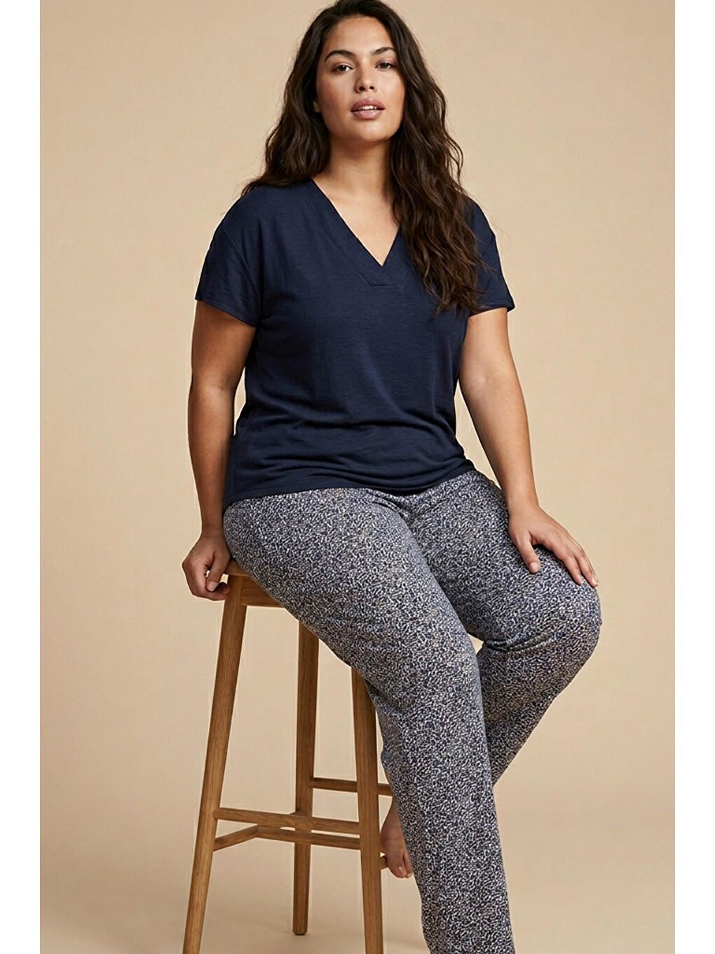 Lacivert Desenli Büyük Beden Battal Boy Viskon Örme Pijama Takım