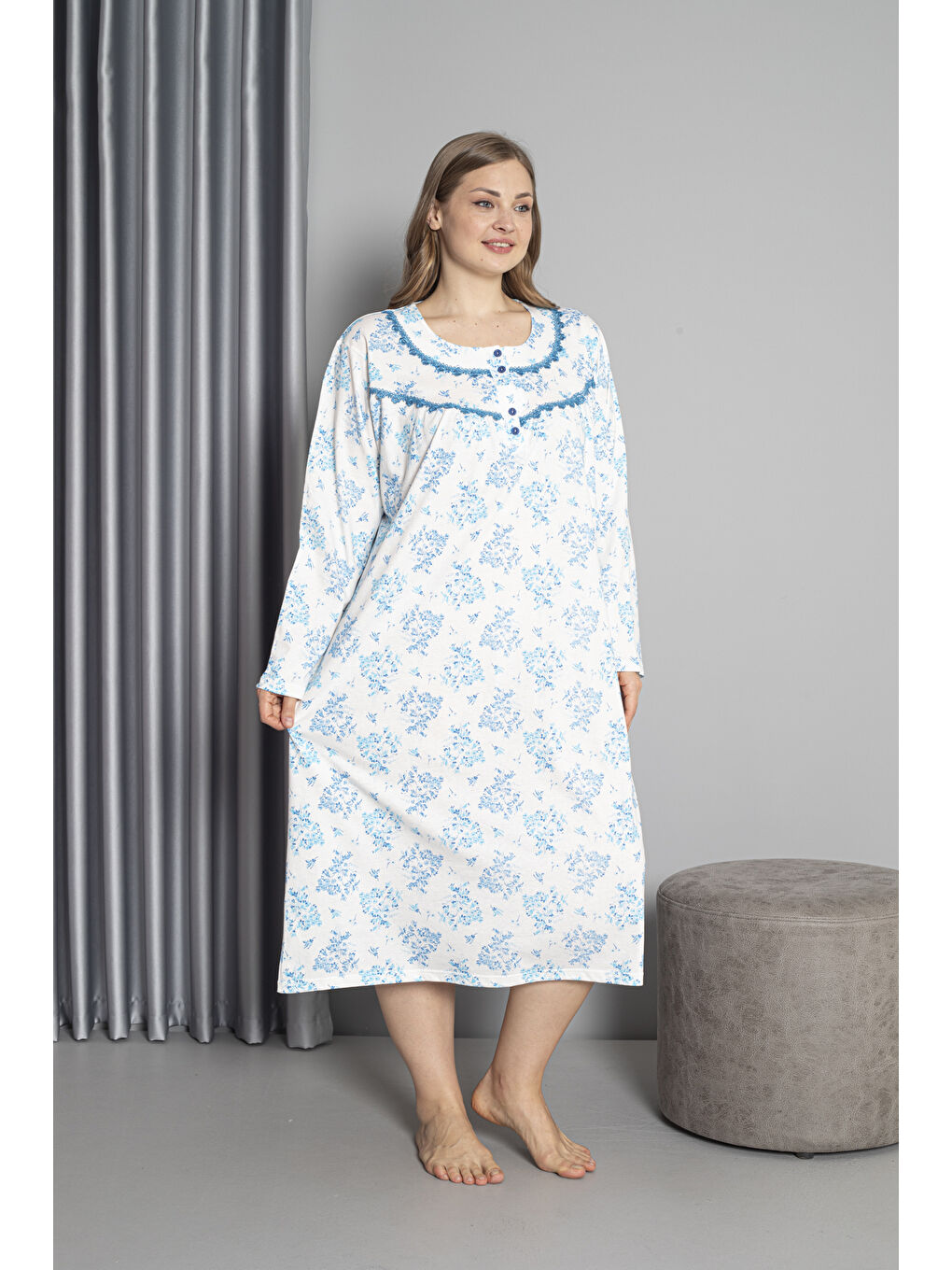 Mavi %100 Pamuklu Mevsimlik Uzun Kol Penye Büyük Beden Anne Gecelik 1503-3