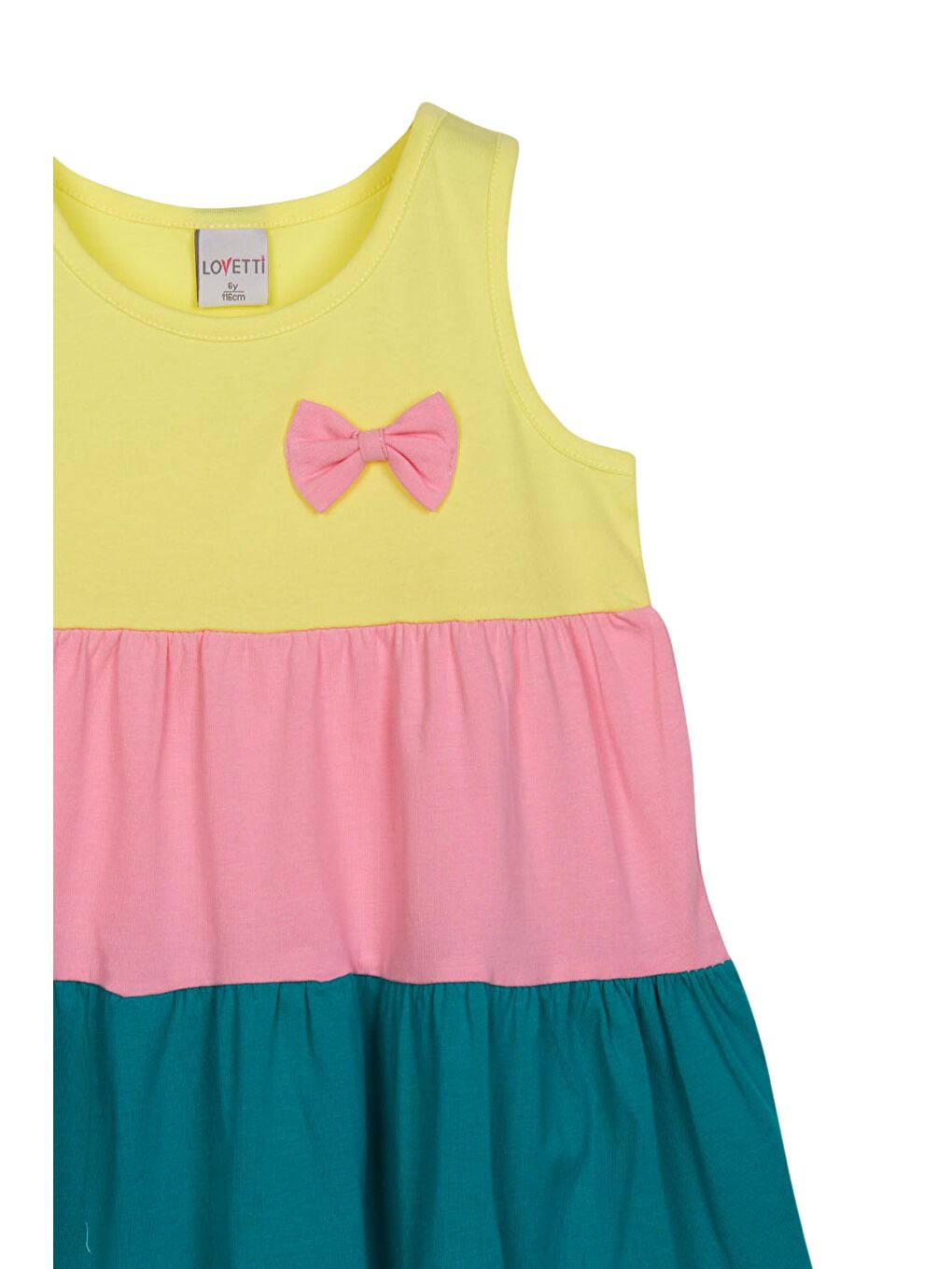 Açık Sarı + Beyaz Kız Çocuk Renkli Büzgülü Askılı Elbise-1