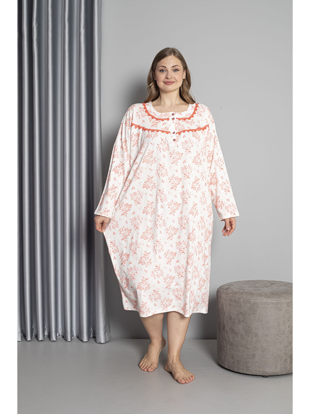 Kırmızı %100 Pamuklu Mevsimlik Uzun Kol Penye Büyük Beden Anne Gecelik 1503-1