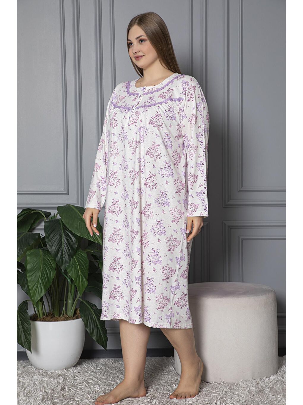 Lila %100 Pamuklu Mevsimlik Uzun Kol Penye Büyük Beden Anne Gecelik 1503-3