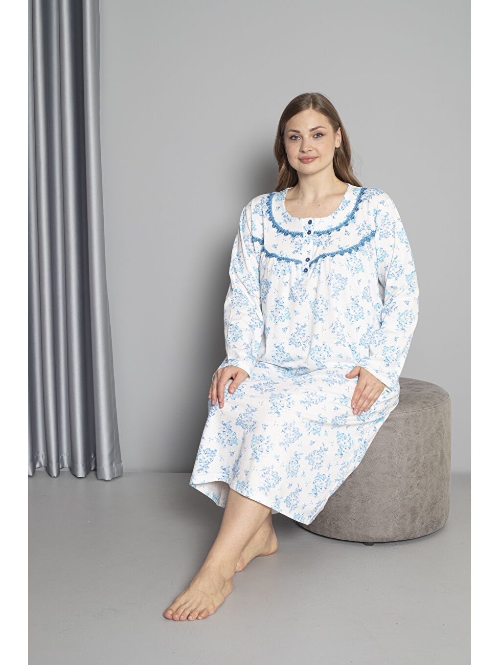 Mavi %100 Pamuklu Mevsimlik Uzun Kol Penye Büyük Beden Anne Gecelik 1503-4