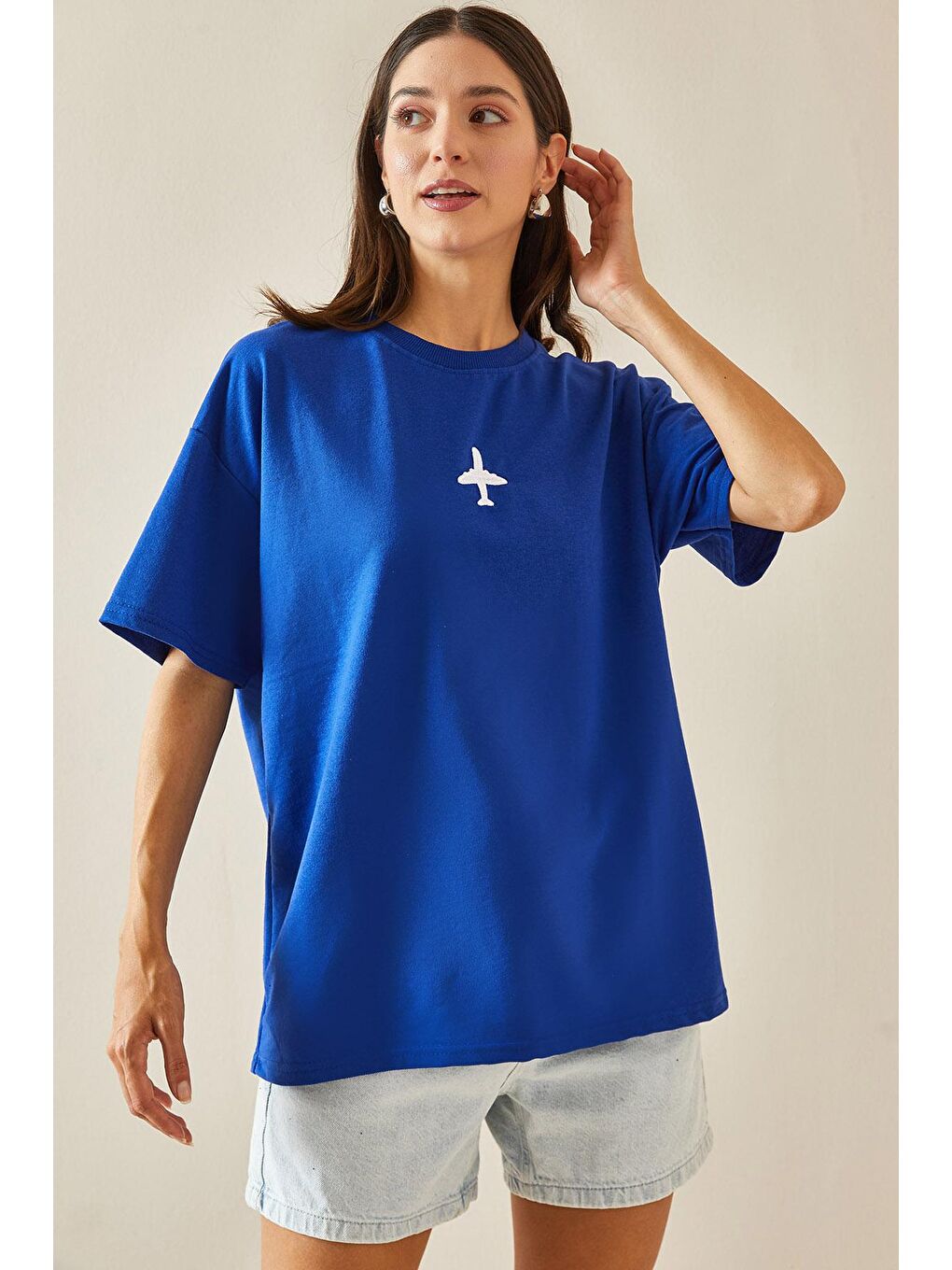 XHAN Mavi Bisiklet Yaka Yazılı Oversize Tshirt 5YXK1-48701-12