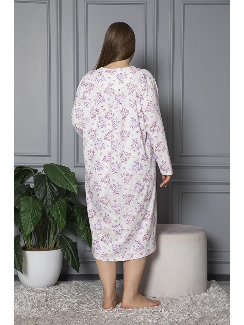 Lila %100 Pamuklu Mevsimlik Uzun Kol Penye Büyük Beden Anne Gecelik 1503-4