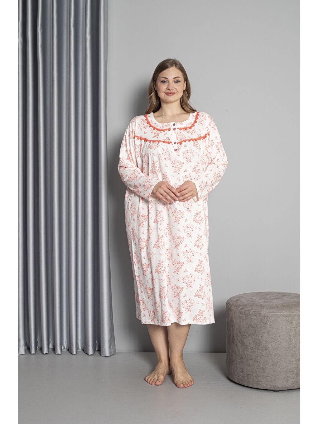 Kırmızı %100 Pamuklu Mevsimlik Uzun Kol Penye Büyük Beden Anne Gecelik 1503-2