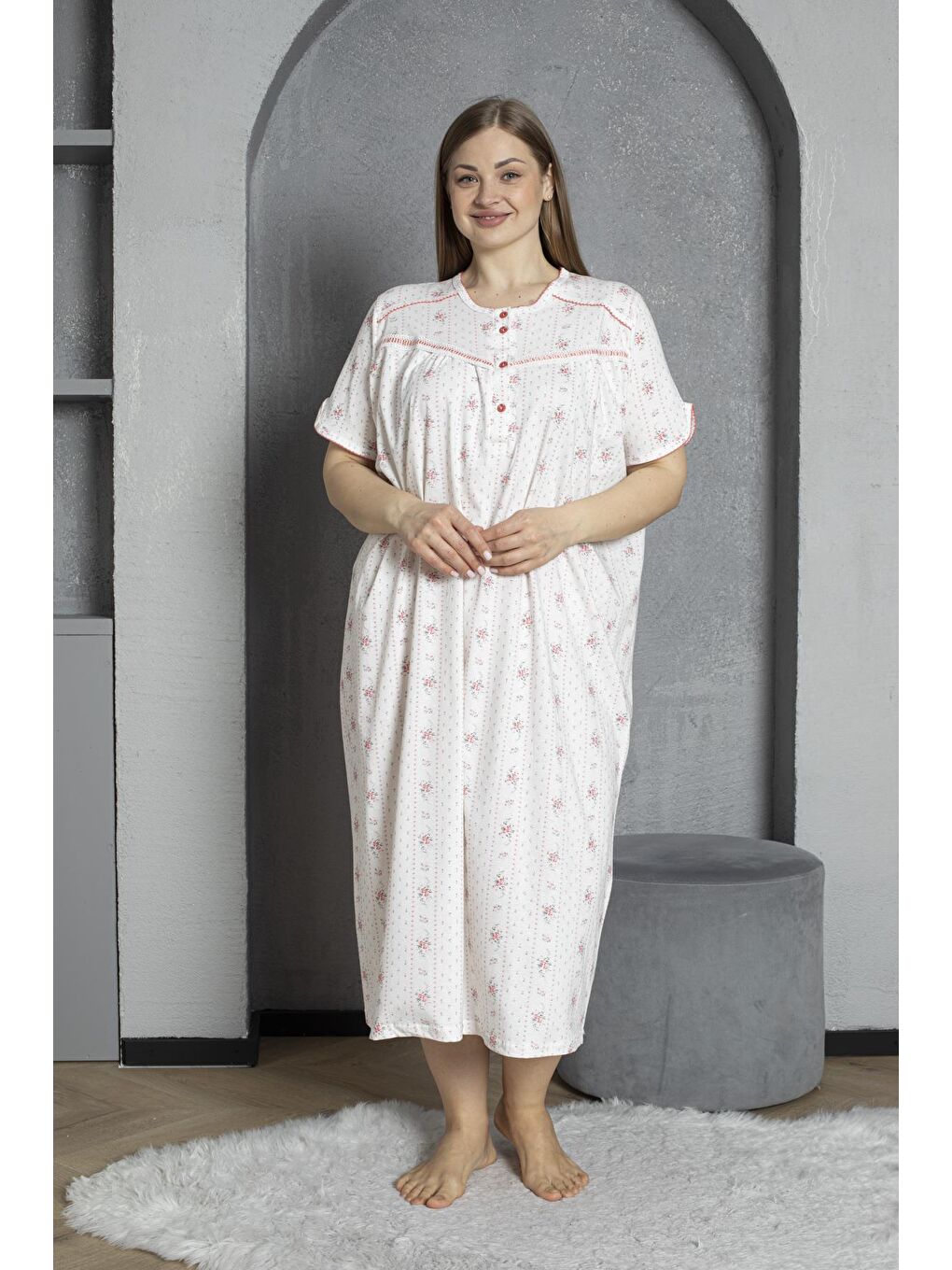 Kırmızı %100 Pamuklu Penye Kısa Kollu Büyük Beden Anne Geceliği 140-1