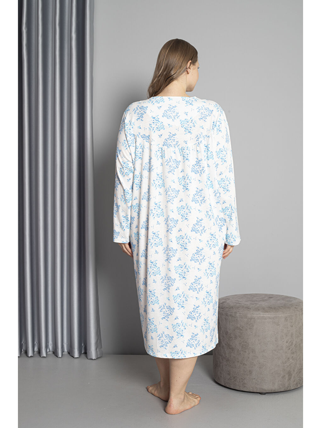 Mavi %100 Pamuklu Mevsimlik Uzun Kol Penye Büyük Beden Anne Gecelik 1503-5