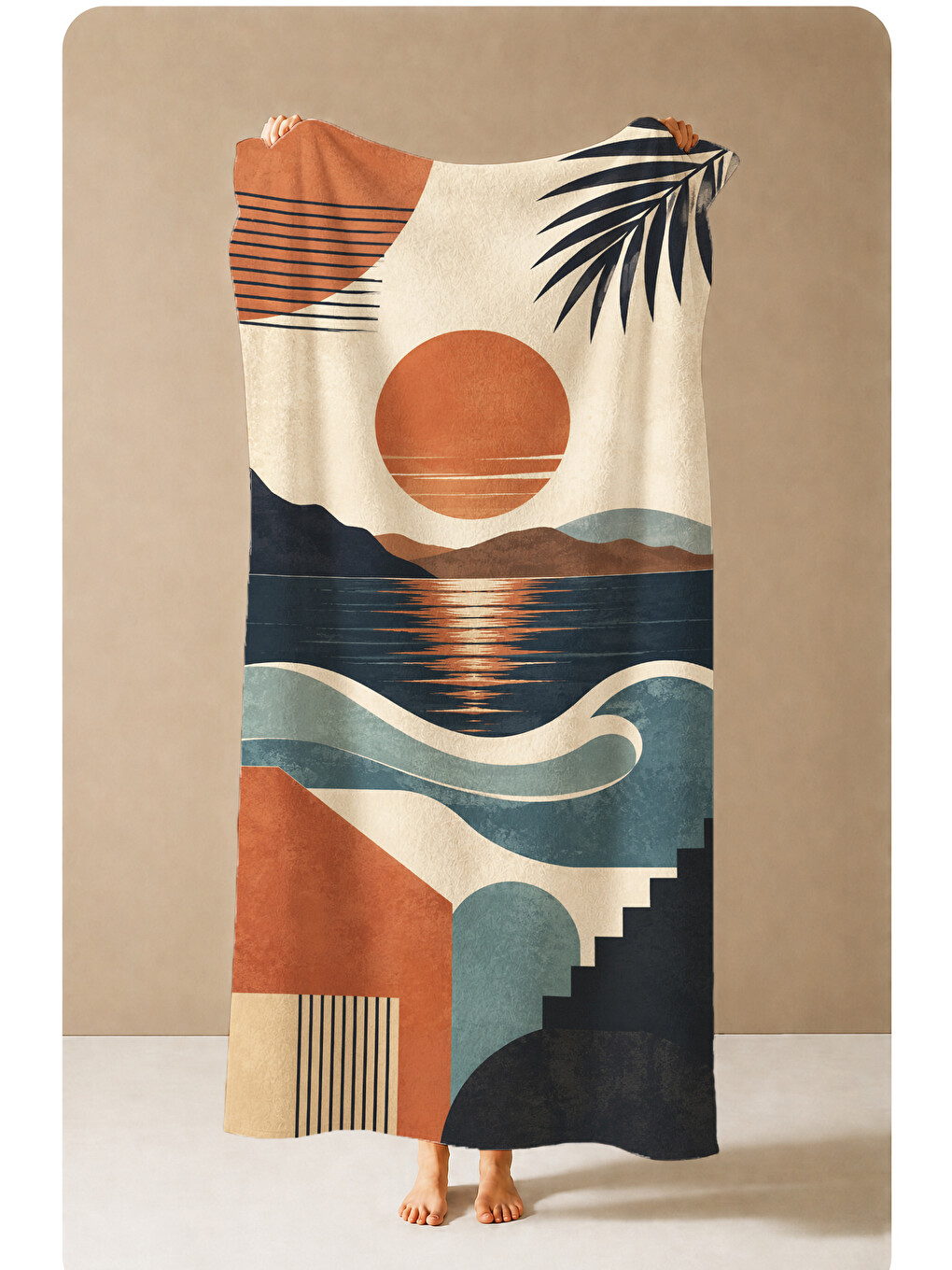 Turuncu Modern Akşam Işığı Dağ Ve Dalga Geometrik Desenli 70x150 Plaj Havlusu - Pamuklu Banyo Havlusu-4
