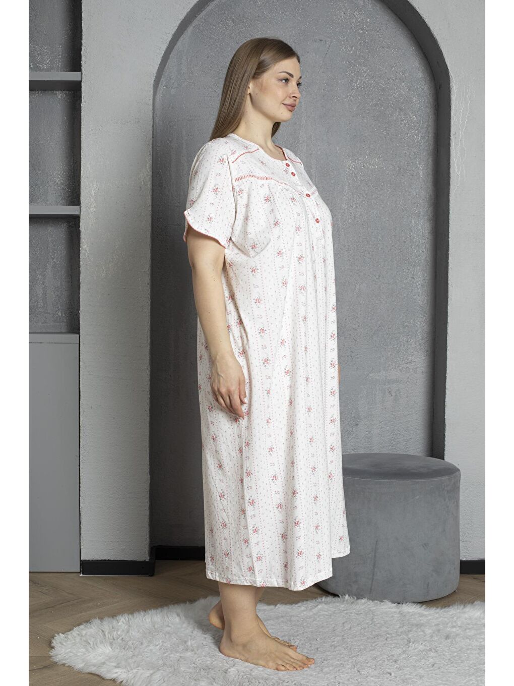 Kırmızı %100 Pamuklu Penye Kısa Kollu Büyük Beden Anne Geceliği 140-2