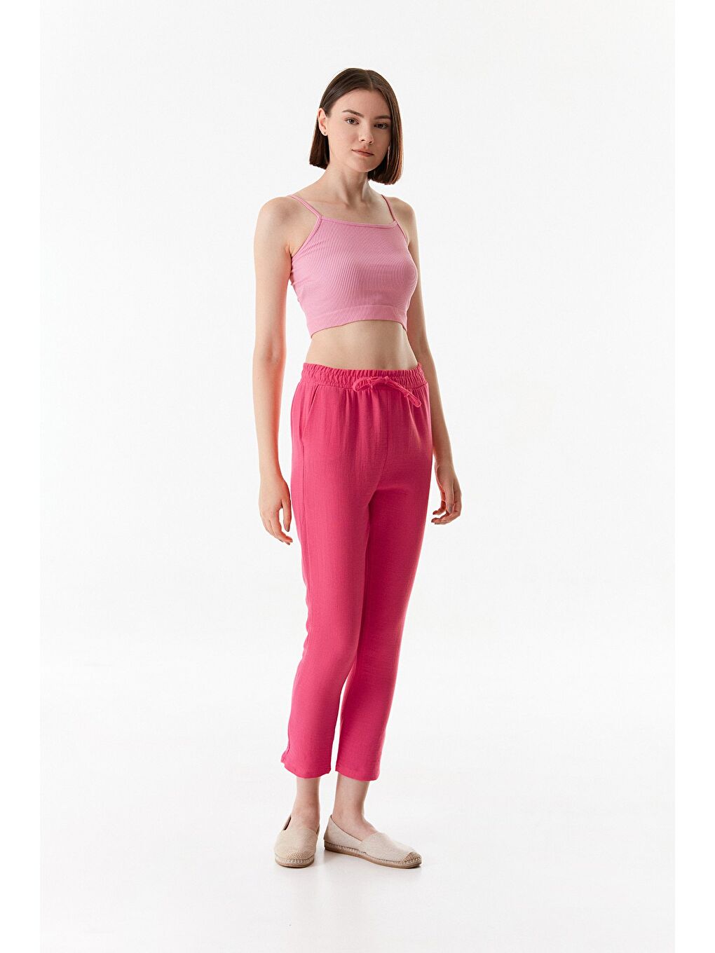 Fullamoda Pembe Basic Beli Lastikli Straight Pantolon