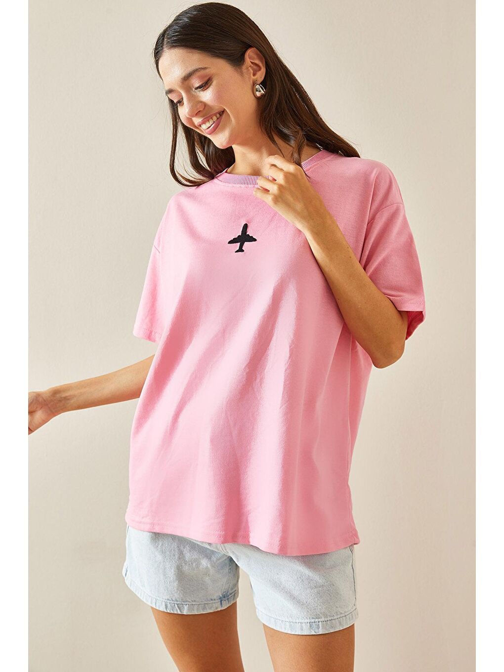 XHAN Pembe Bisiklet Yaka Yazılı Oversize Tshirt 5YXK1-48701-20