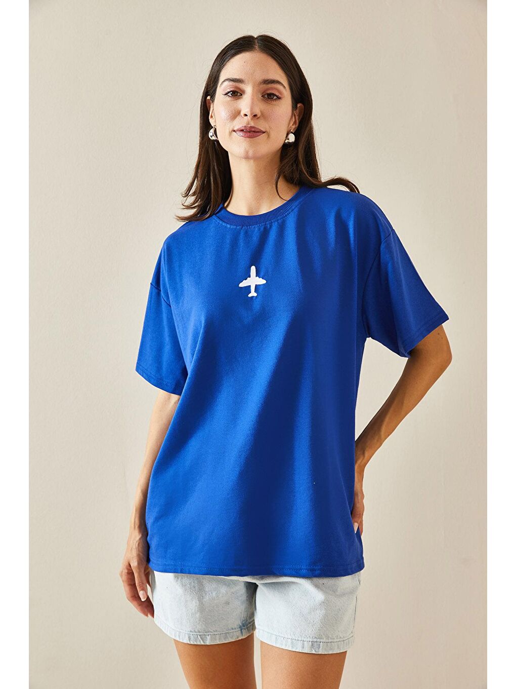 XHAN Mavi Bisiklet Yaka Yazılı Oversize Tshirt 5YXK1-48701-12 - 2