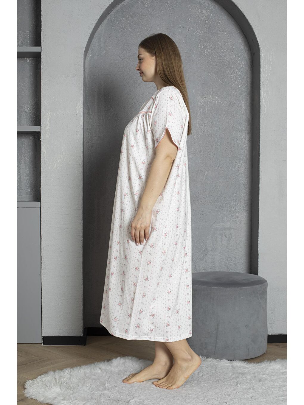 Kırmızı %100 Pamuklu Penye Kısa Kollu Büyük Beden Anne Geceliği 140-3