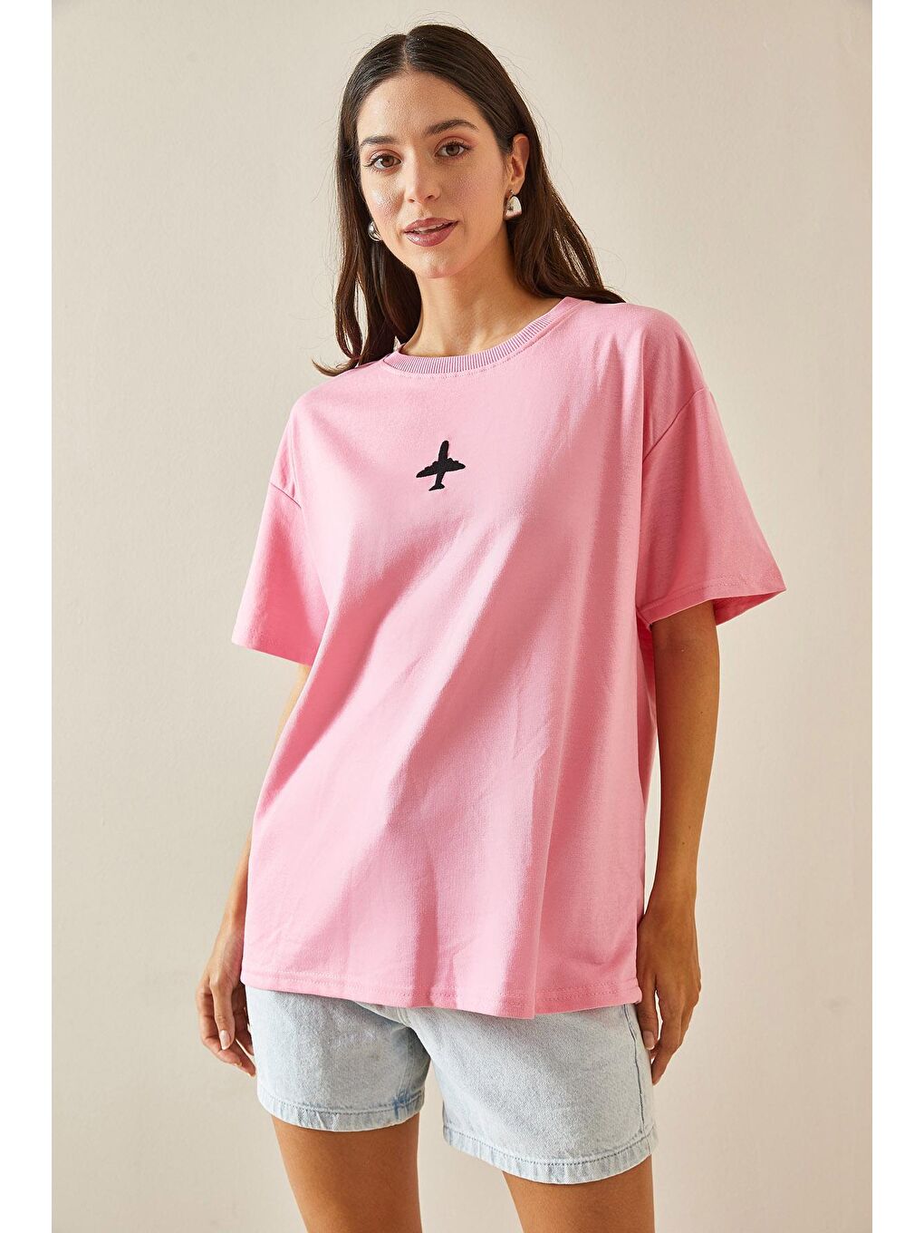 XHAN Pembe Bisiklet Yaka Yazılı Oversize Tshirt 5YXK1-48701-20 - 1