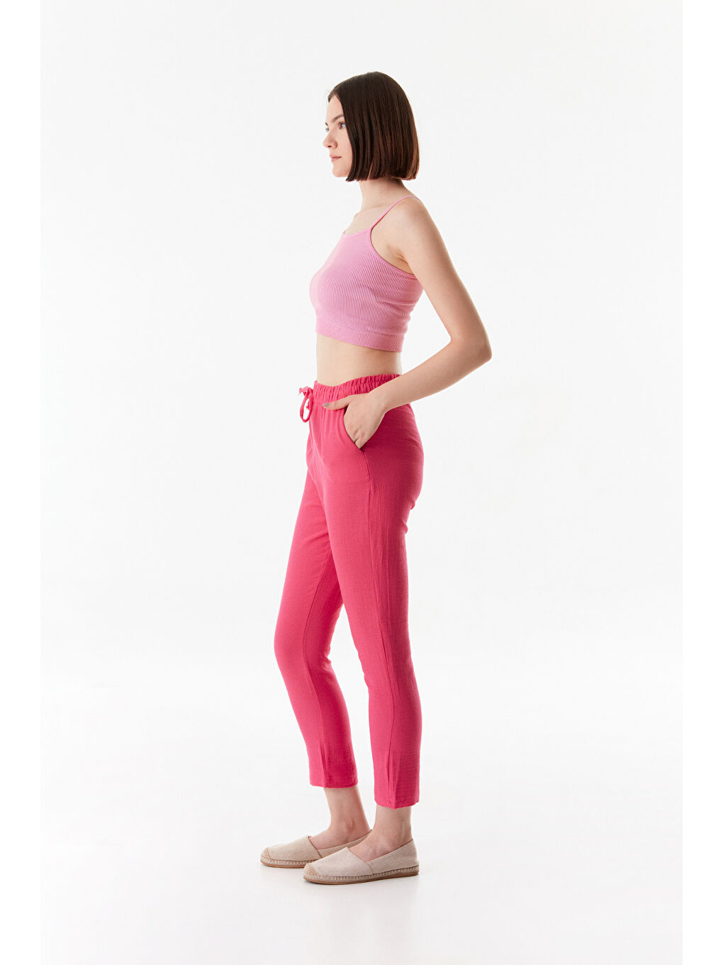 Fullamoda Pembe Basic Beli Lastikli Straight Pantolon - 3