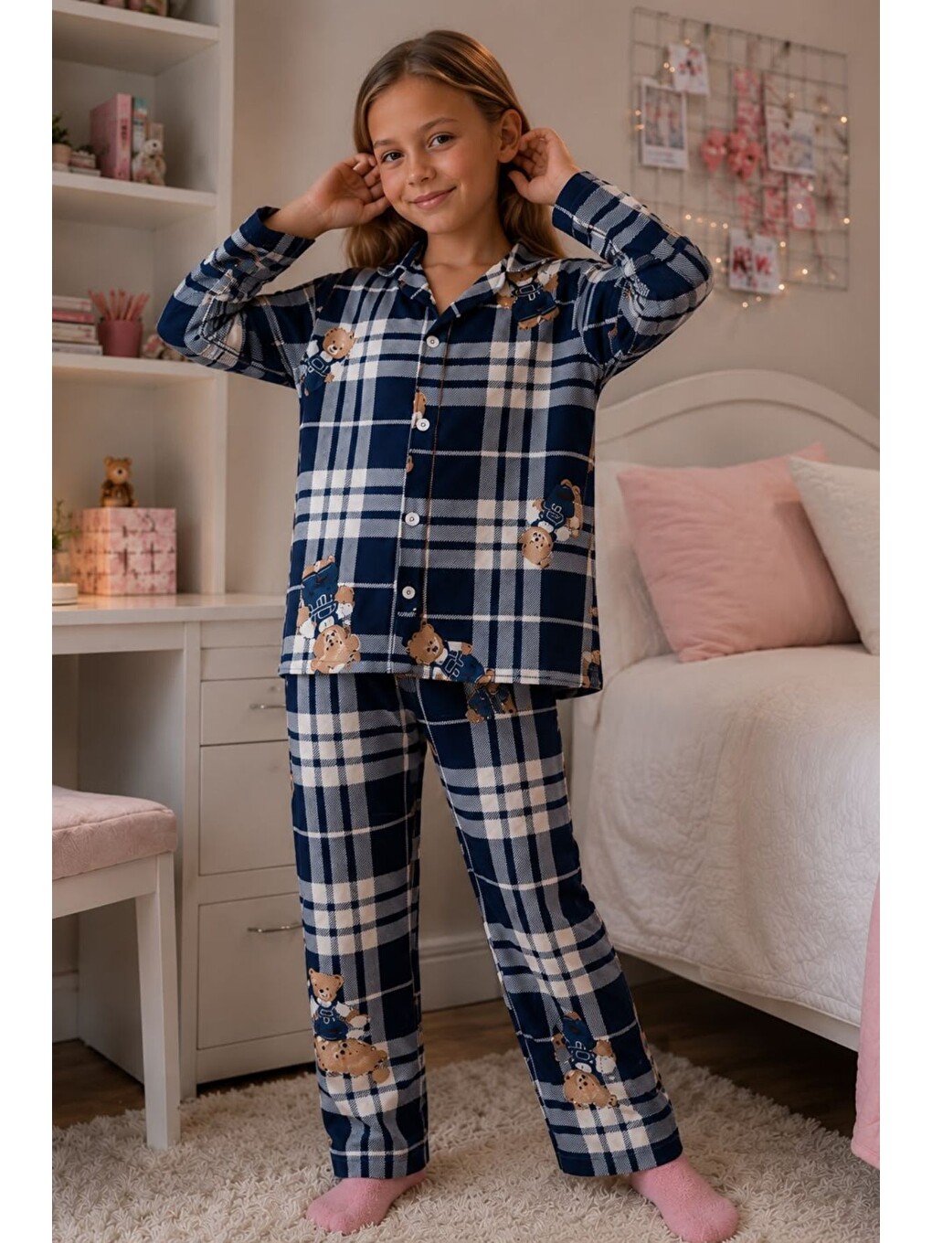 Lacivert Kız Çocuk Aile Boyu Pamuklu Desenli Pijama Takım Tkm1023