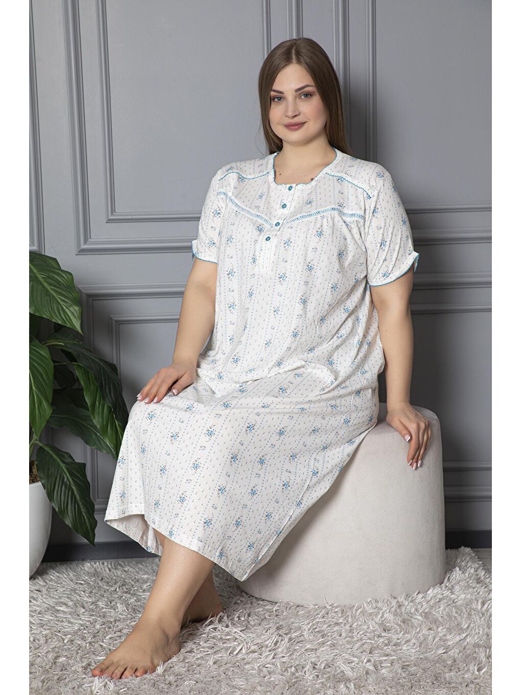 Mavi %100 Pamuklu Penye Kısa Kollu Büyük Beden Anne Geceliği 140-1