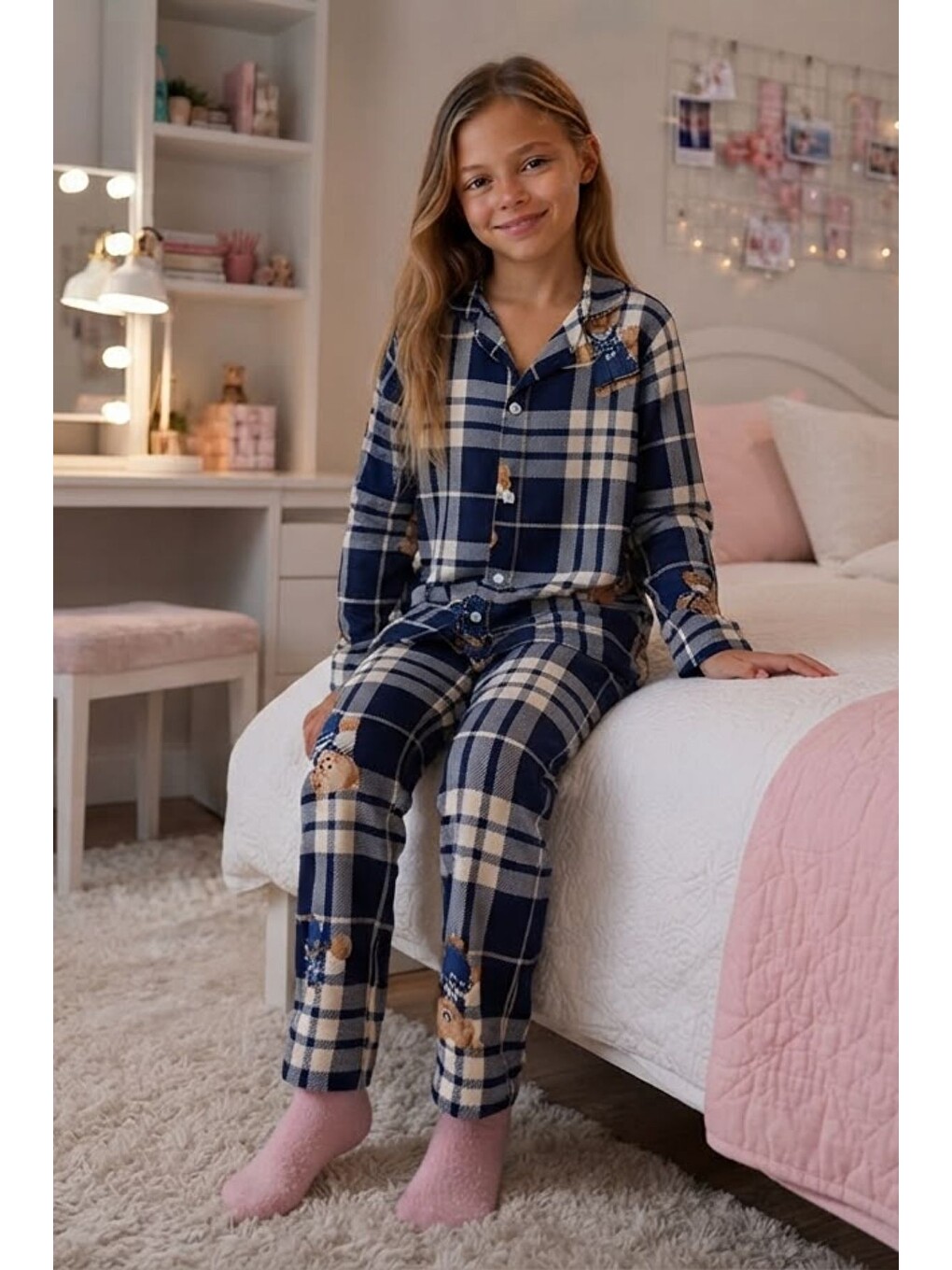 Lacivert Kız Çocuk Aile Boyu Pamuklu Desenli Pijama Takım Tkm1023-1