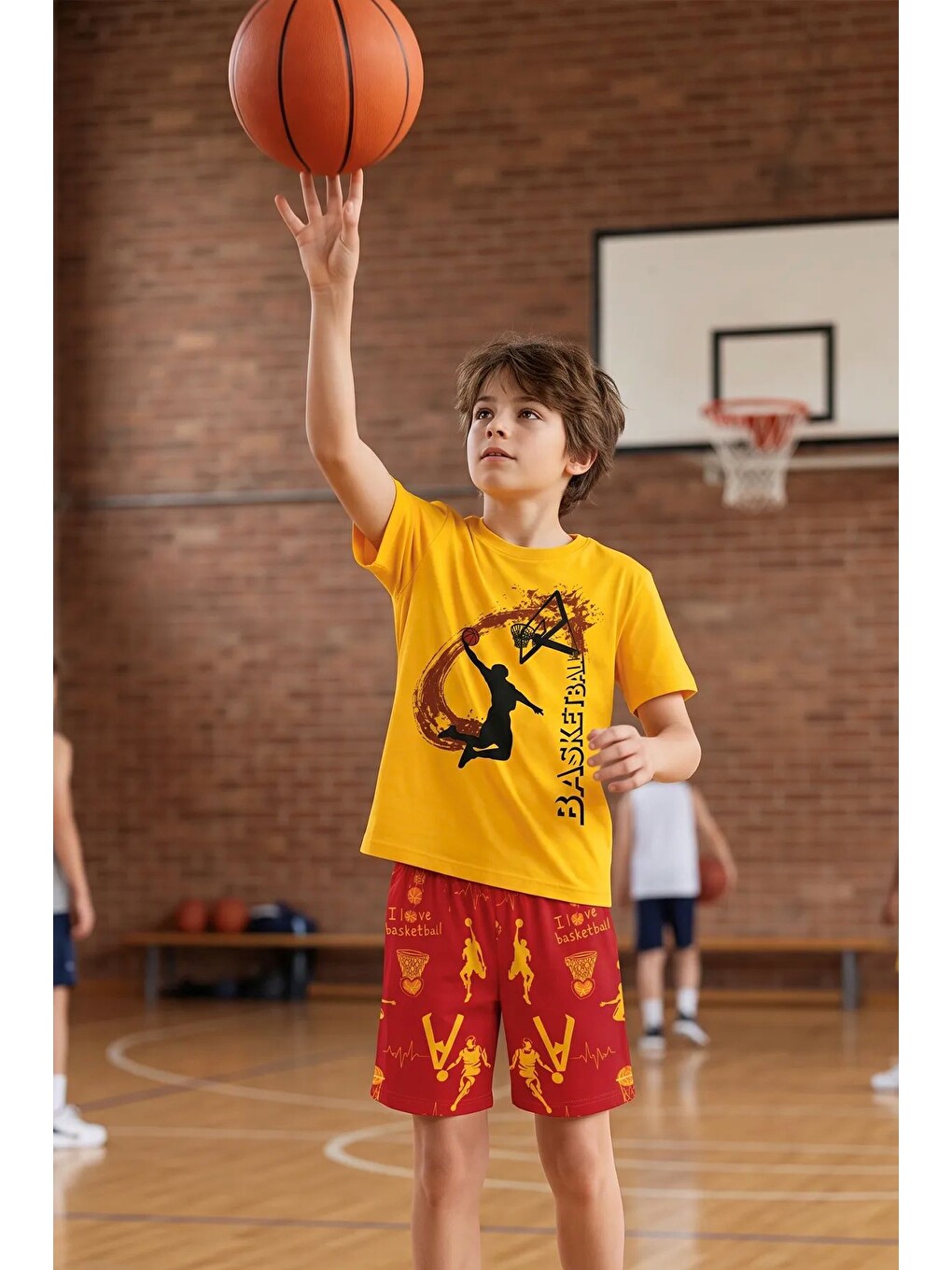 Erkek Çocuk Basketbol Baskılı Tişört Ve Şort 2’li Takım – Sarı Kırmızı-4