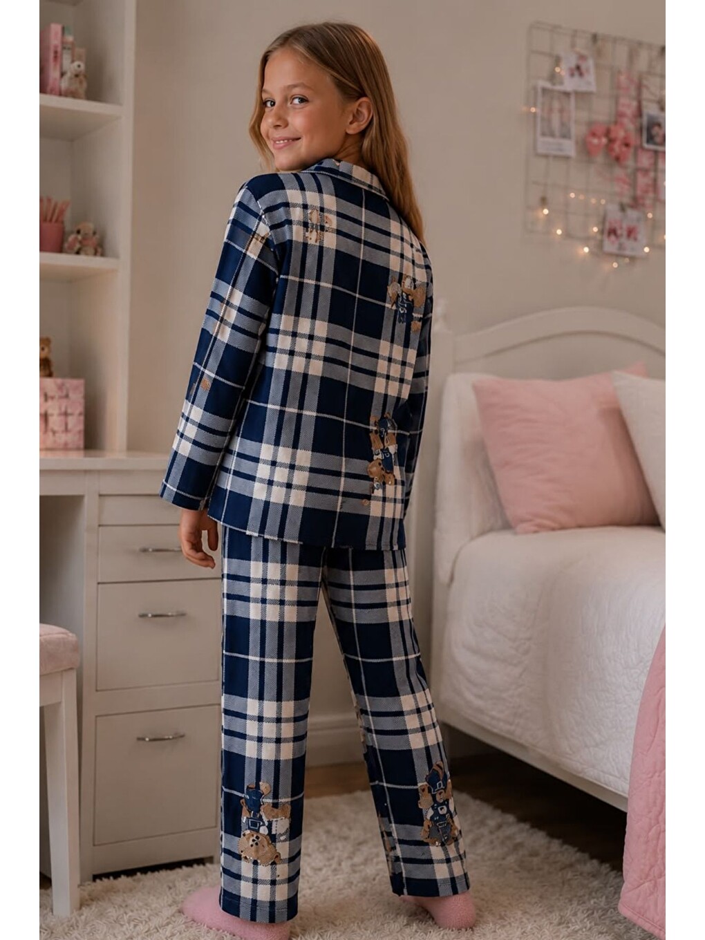 Lacivert Kız Çocuk Aile Boyu Pamuklu Desenli Pijama Takım Tkm1023-2