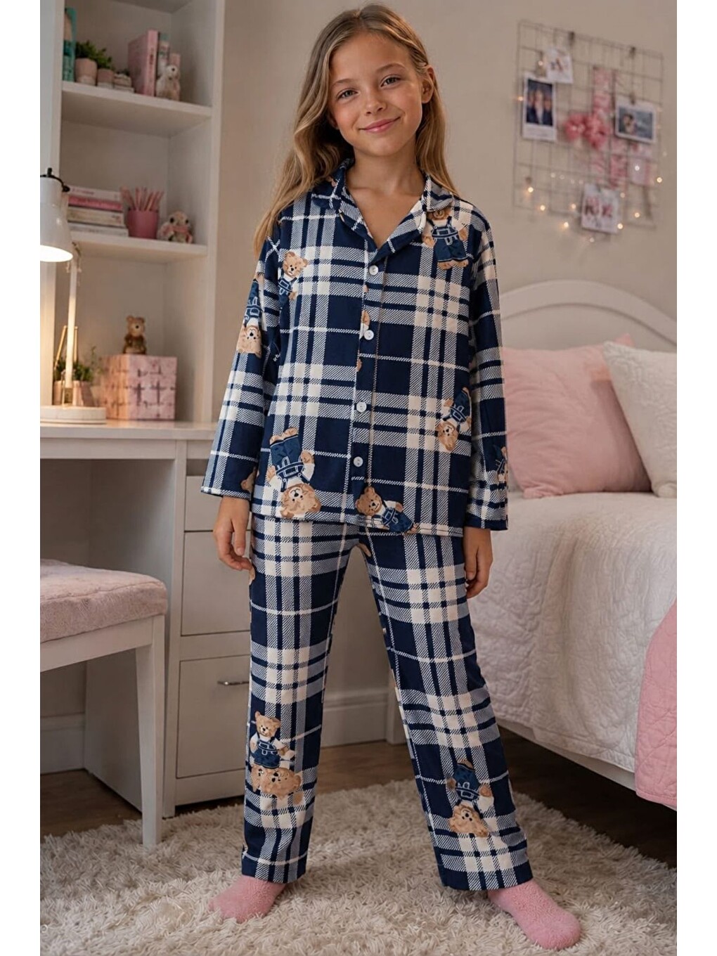 Lacivert Kız Çocuk Aile Boyu Pamuklu Desenli Pijama Takım Tkm1023-3